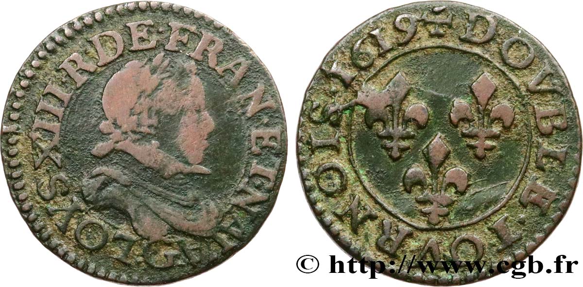 LOUIS XIII LE JUSTE Double tournois, type 2 de Poitiers 1619 Poitiers TTB/TTB+