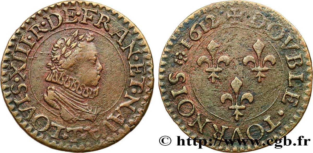 LOUIS XIII LE JUSTE Double tournois 1612 Nantes TTB+
