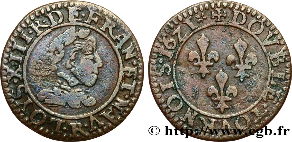 LOUIS XIII  Double tournois, type 3 1621 Saint-André de Villeneuve-lès-Avignon BC+