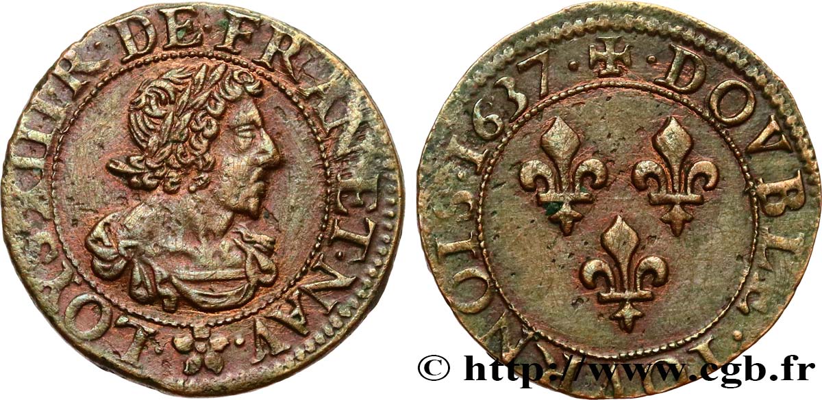 LOUIS XIII LE JUSTE Double tournois 1637  SUP