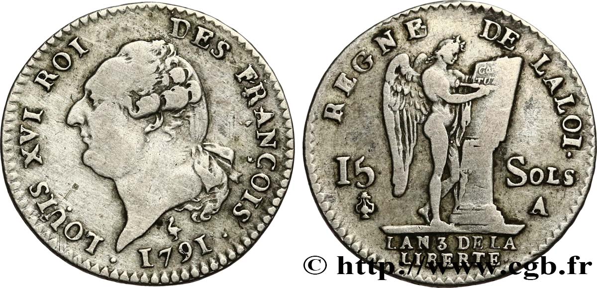 LOUIS XVI (MONARQUE CONSTITUTIONNEL)  15 sols dit &nbsp;au génie&nbsp;, type FRANÇOIS 1791 Paris TB+