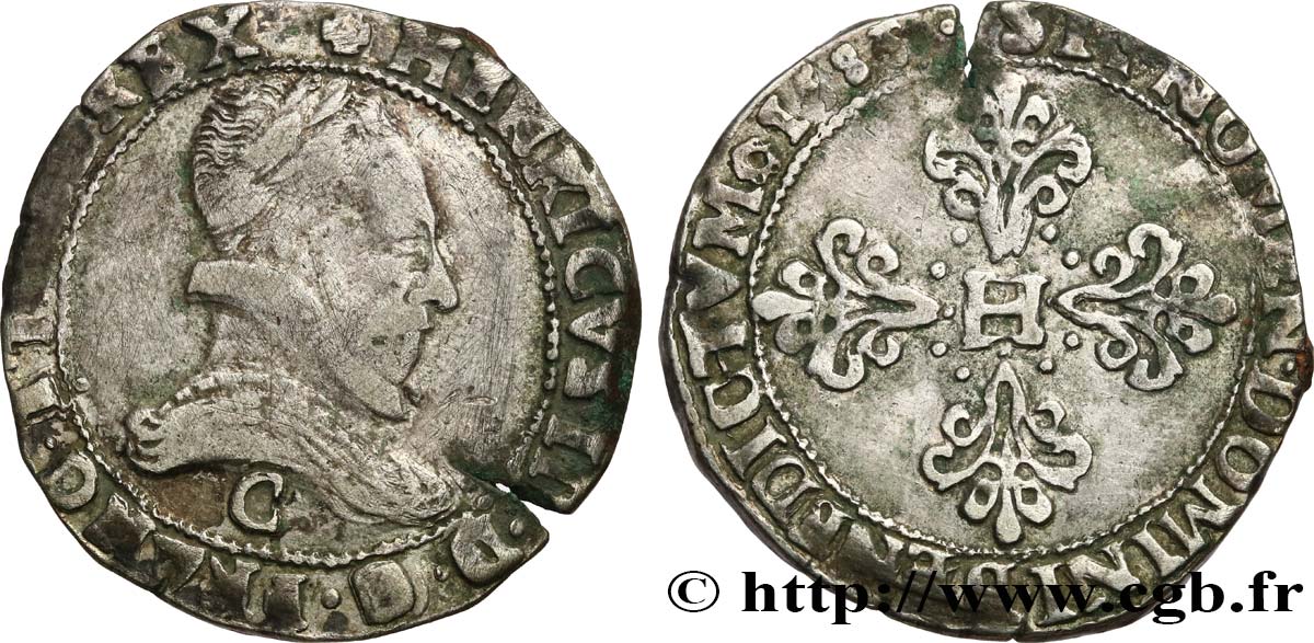 HENRI III Franc au col plat 1583 Saint-Lô TB+
