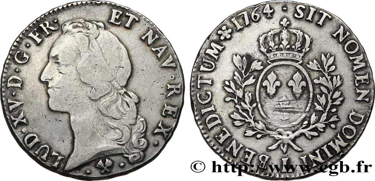 LOUIS XV  THE WELL-BELOVED  Écu aux branches d’olivier, tête ceinte d’un bandeau 1764 Bayonne VF/XF