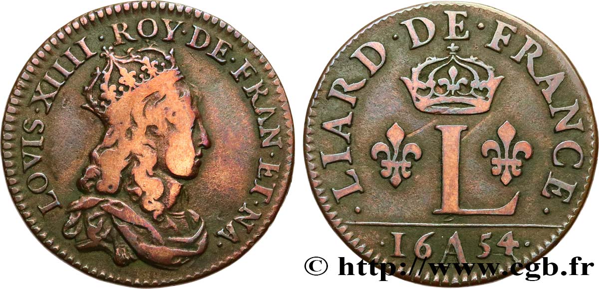 LOUIS XIV LE GRAND OU LE ROI SOLEIL Liard de France à l L couronnée (épreuve) 1654 Paris TTB/TTB+