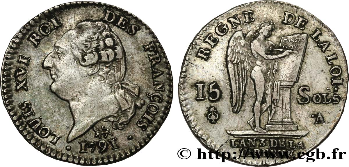 LOUIS XVI (MONARQUE CONSTITUTIONNEL)  15 sols dit  au génie , type FRANÇOIS 1791 Paris TTB
