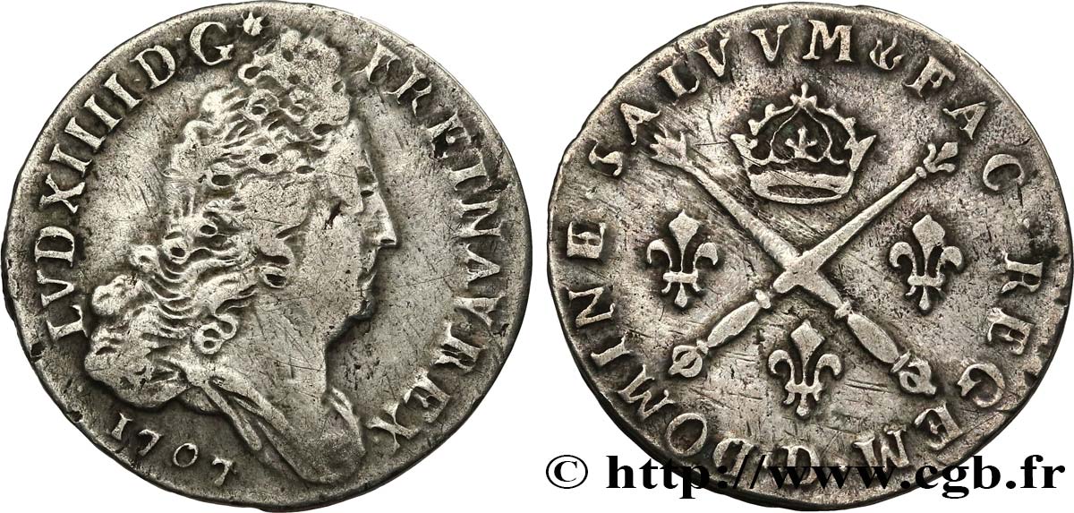 LOUIS XIV LE GRAND OU LE ROI SOLEIL 10 sols aux insignes 1707 Lyon TTB