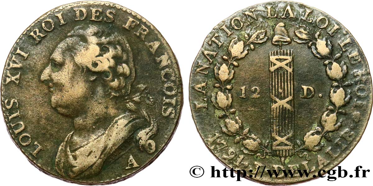 LOUIS XVI 12 deniers dit  au faisceau , type FRANCOIS 1791 Paris, Monnaie du Louvre BC+/MBC