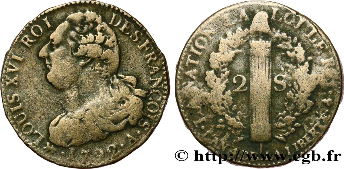 LOUIS XVI (MONARQUE CONSTITUTIONNEL)  2 sols dit &nbsp;au faisceau&nbsp;, type FRANÇOIS 1792 Paris TB
