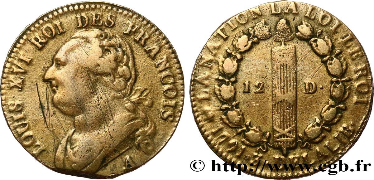 LOUIS XVI 12 deniers dit  au faisceau , type FRANCOIS 1791 Paris, Monnaie du Louvre VF