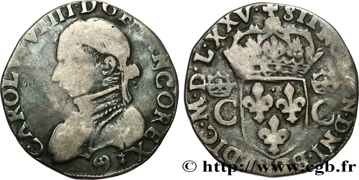 HENRY III. COINAGE AT THE NAME OF CHARLES IX Teston, 2e type 1575 (MDLXXV) Rennes VF