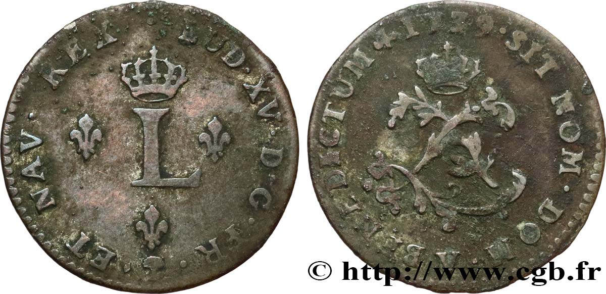 LOUIS XV  THE WELL-BELOVED  Double sol de billon 1739 Troyes q.BB