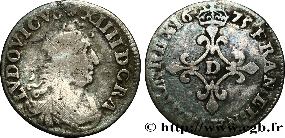 LOUIS XIV LE GRAND OU LE ROI SOLEIL Quatre sols à la croix formée de lis 1675 Lyon ou Vimy-en-Lyonnais TB+