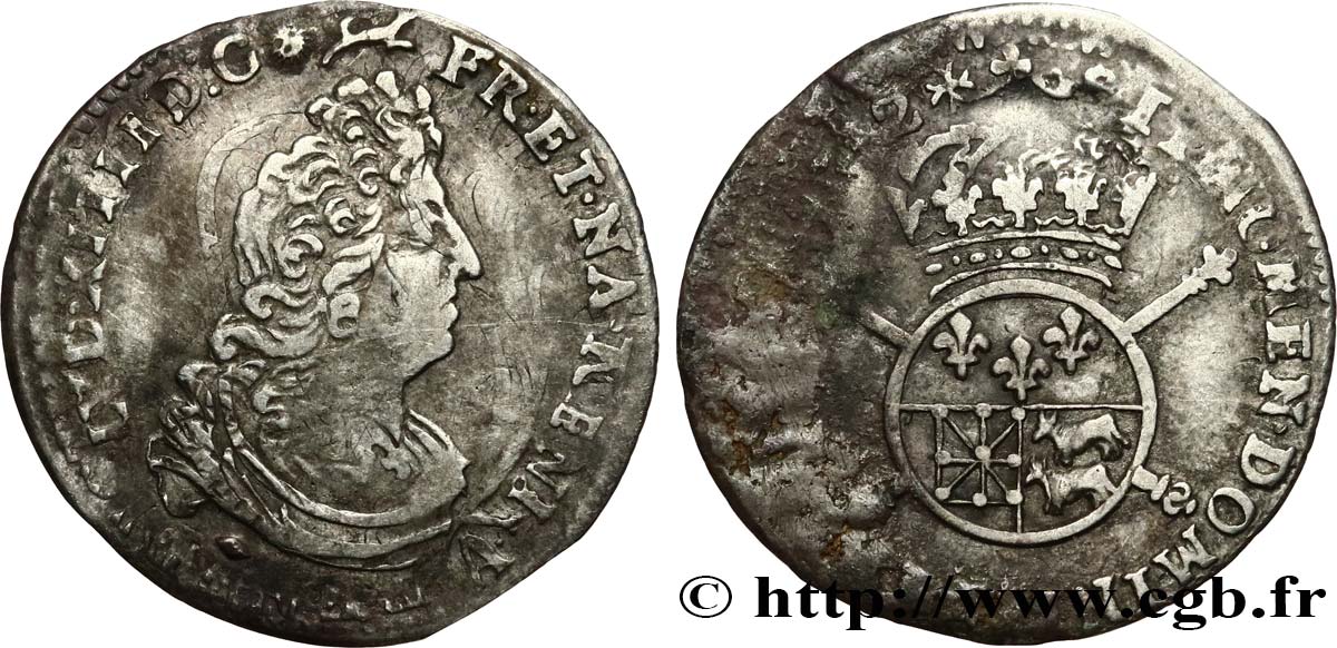 LOUIS XIV  THE SUN KING  Douzième d écu de Béarn aux insignes 1702 Pau XF/VF
