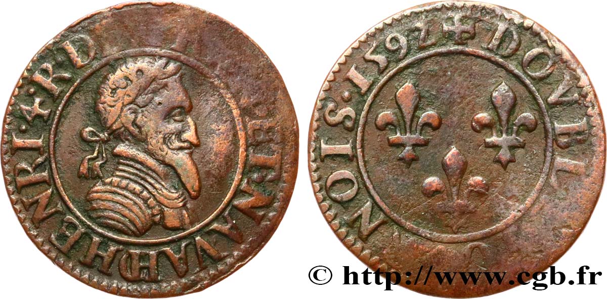 HENRI IV LE GRAND Double tournois, 2e type de Châlons-sur-Marne 1592 Châlons-en-Champagne TTB