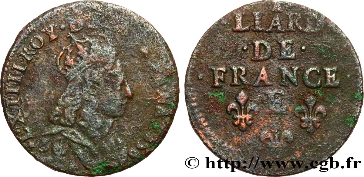 LOUIS XIV LE GRAND OU LE ROI SOLEIL Liard de cuivre, 2e type 1656 Meung-sur-Loire B+