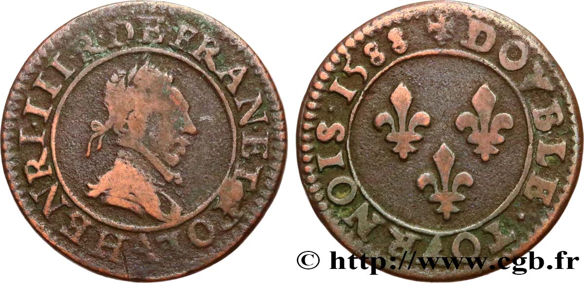 HENRY III Double tournois, 2e type de Paris, frappé au moulin 1588 Paris BC+