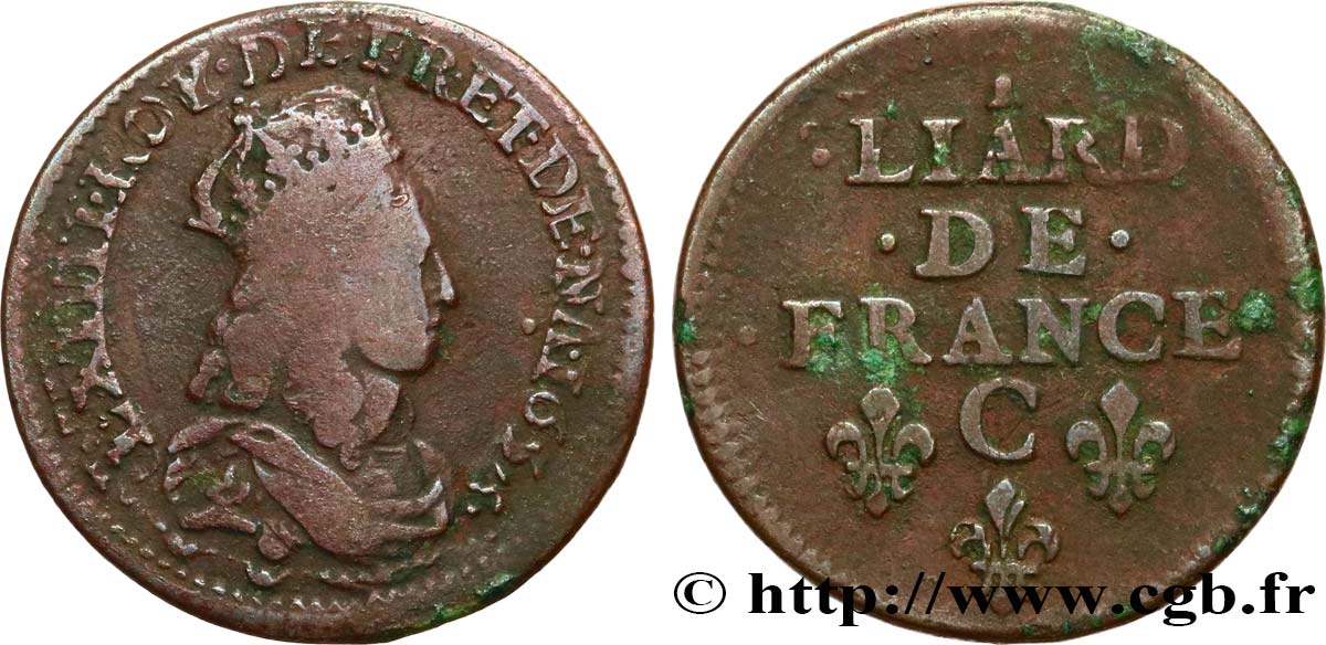 LOUIS XIV LE GRAND OU LE ROI SOLEIL Liard de cuivre, 2e type 1656 Caen TB