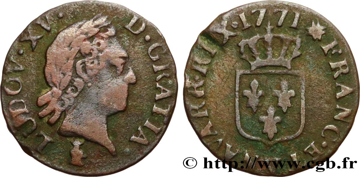 LOUIS XV DIT LE BIEN AIMÉ Liard dit &nbsp;à la vieille tête&nbsp; 1771 Troyes TB