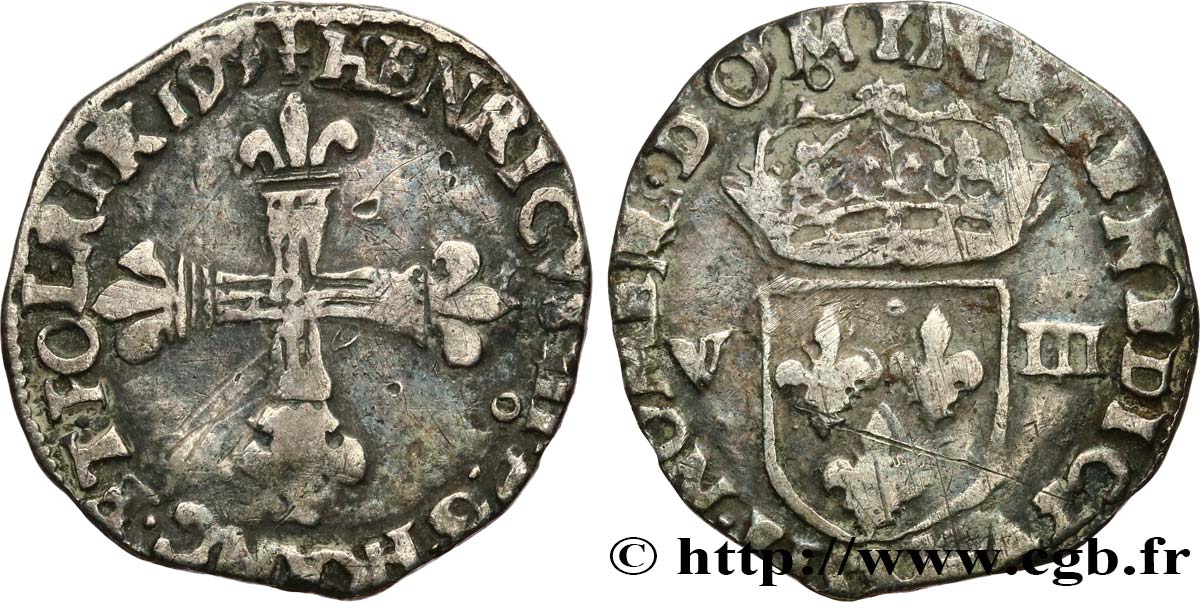 HENRI IV LE GRAND Huitième d écu, croix feuillue de face 1599 Rennes TB+