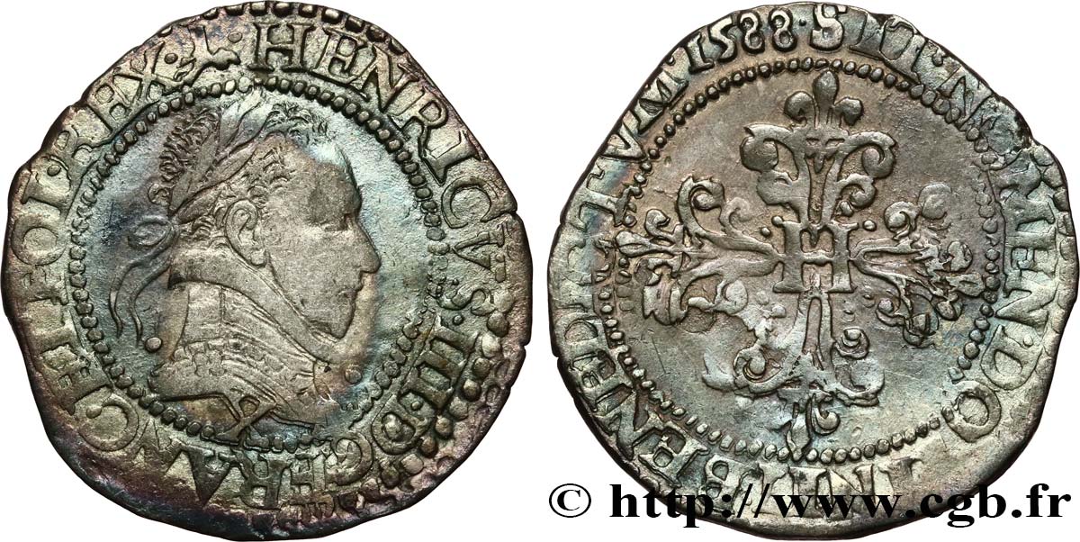 HENRY III Quart de franc au col plat 1588 Amiens BB