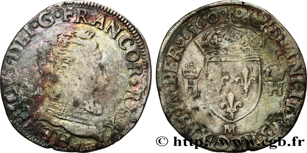 FRANCIS II. COINAGE AT THE NAME OF HENRY II Demi-teston à la tête nue, 5e type 1560 Toulouse S/fSS