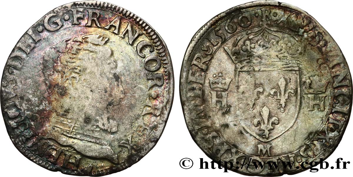 FRANÇOIS II. MONNAYAGE AU NOM D HENRI II Demi-teston à la tête nue, 5e type 1560 Toulouse TB/TB+