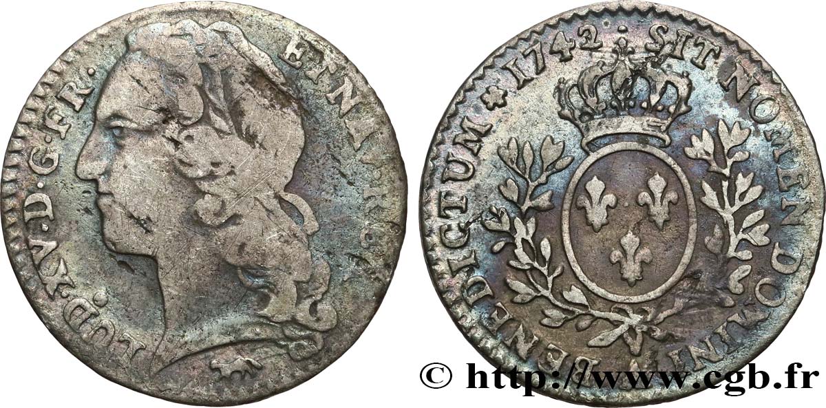 LOUIS XV DIT LE BIEN AIMÉ Dixième d écu aux branches d’olivier, tête ceinte d’un bandeau 1742 Paris TTB