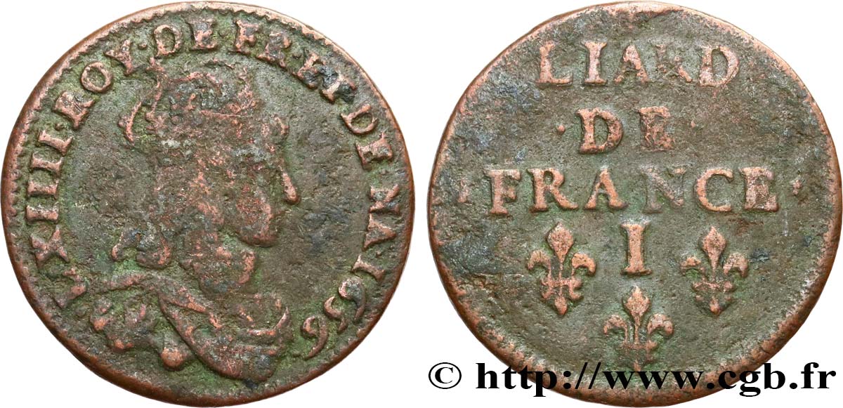 LOUIS XIV LE GRAND OU LE ROI SOLEIL Liard de cuivre, 2e type 1656 Limoges TB