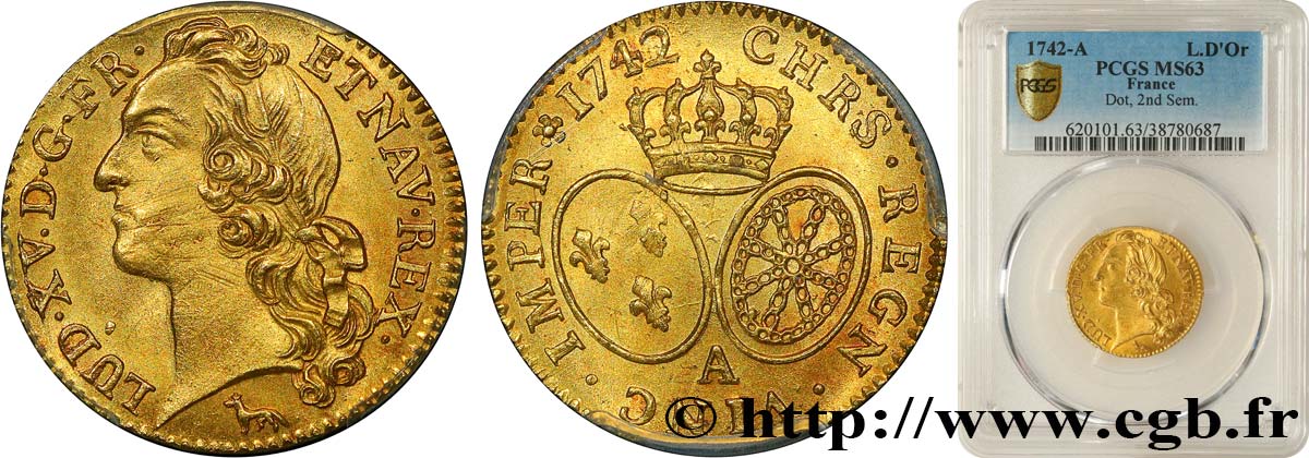 LOUIS XV  THE WELL-BELOVED  Louis d’or aux écus ovales, tête ceinte d’un bandeau 1742 Paris MS63