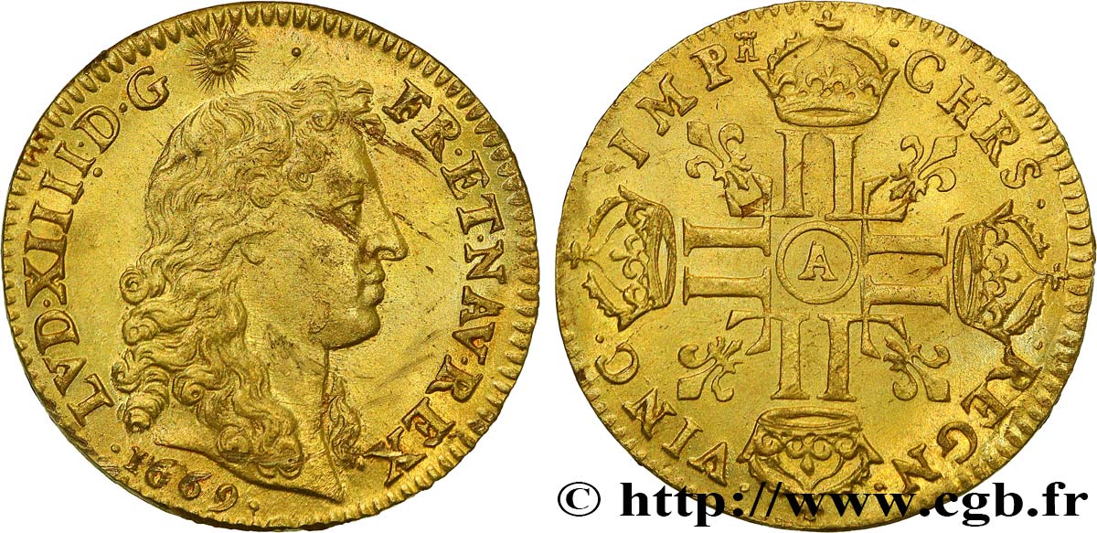 LOUIS XIV  THE SUN KING  Louis d or aux huit L, portrait à la tête nue 1669 Paris SC