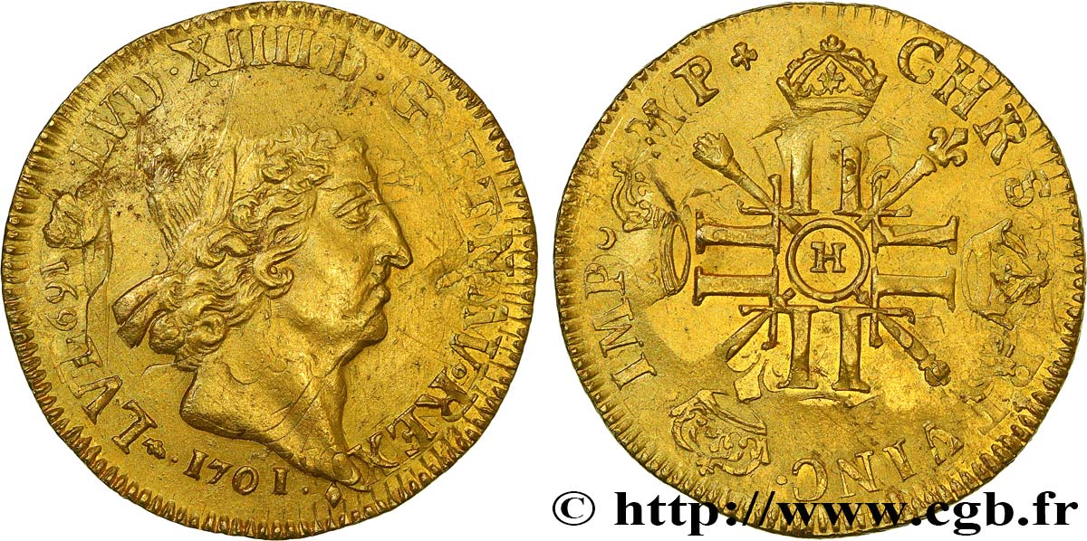 LOUIS XIV  THE SUN KING  Double louis d or aux huit L et aux insignes 1701 La Rochelle AU