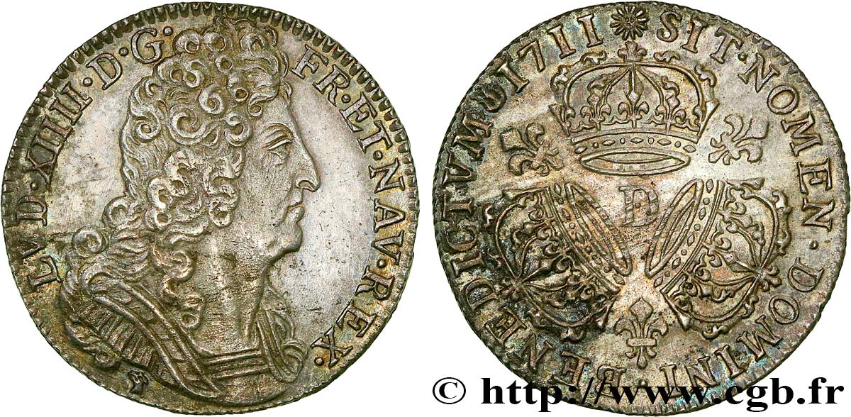 LOUIS XIV  THE SUN KING  Quart d écu aux trois couronnes 1711 Lyon EBC/SC