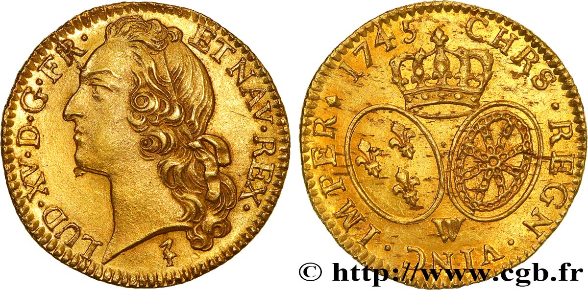 LOUIS XV  THE WELL-BELOVED  Louis d’or aux écus ovales, tête ceinte d’un bandeau 1745 Lille SC