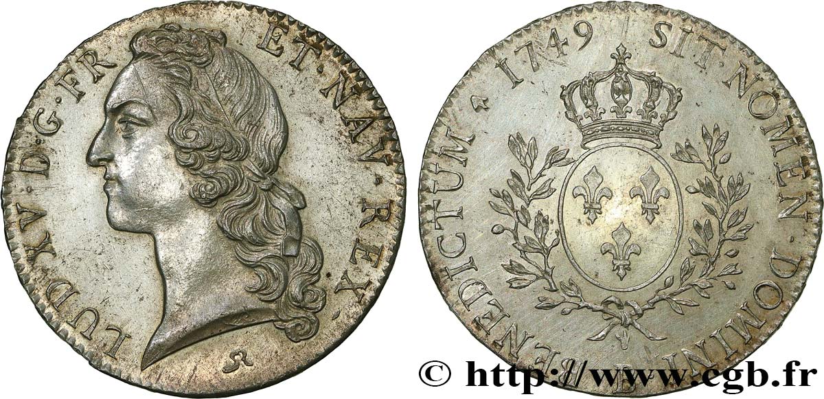 LOUIS XV  THE WELL-BELOVED  Écu aux branches d’olivier, tête ceinte d’un bandeau 1749 Rouen SPL/MS