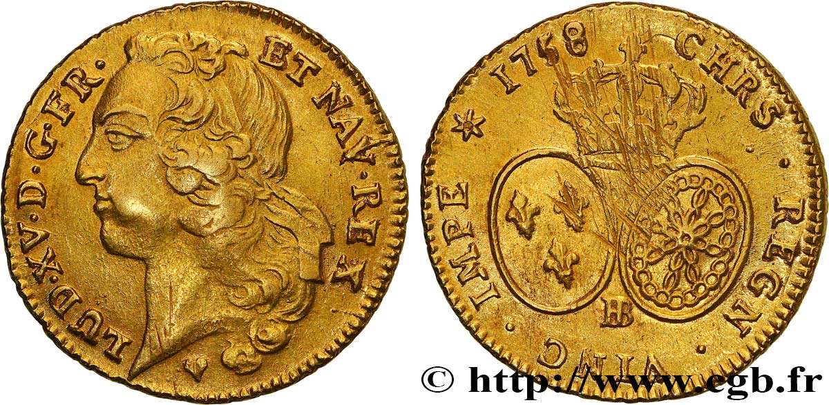 LOUIS XV THE BELOVED Double louis d’or aux écus ovales, tête ceinte d’un bandeau 1758 Strasbourg AU