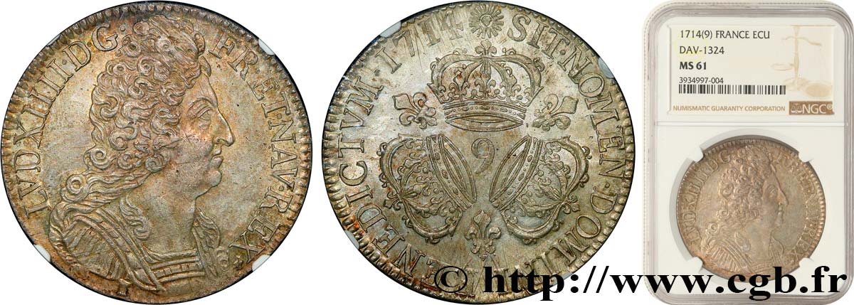 LOUIS XIV  THE SUN KING  Écu aux trois couronnes 1714 Rennes EBC61