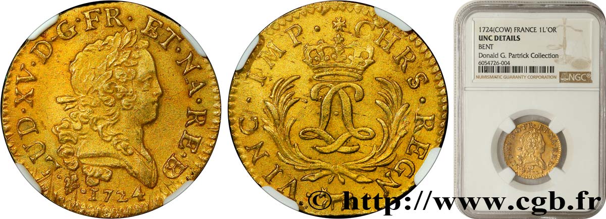 LOUIS XV THE BELOVED Louis d or aux deux L entrelacées et aux palmes longues 1724 Pau AU