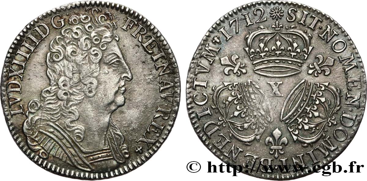 LOUIS XIV LE GRAND OU LE ROI SOLEIL Quart d écu aux trois couronnes 1712 Amiens TTB+