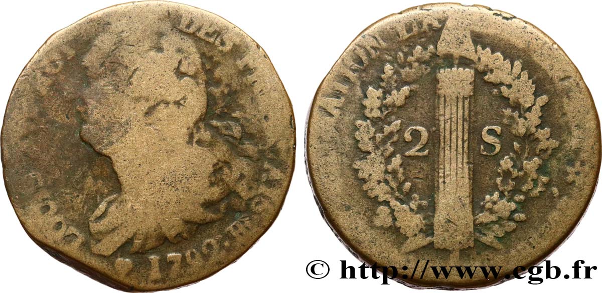 LOUIS XVI (MONARQUE CONSTITUTIONNEL)  2 sols dit  au faisceau , type FRANÇAIS 1792 Strasbourg B+