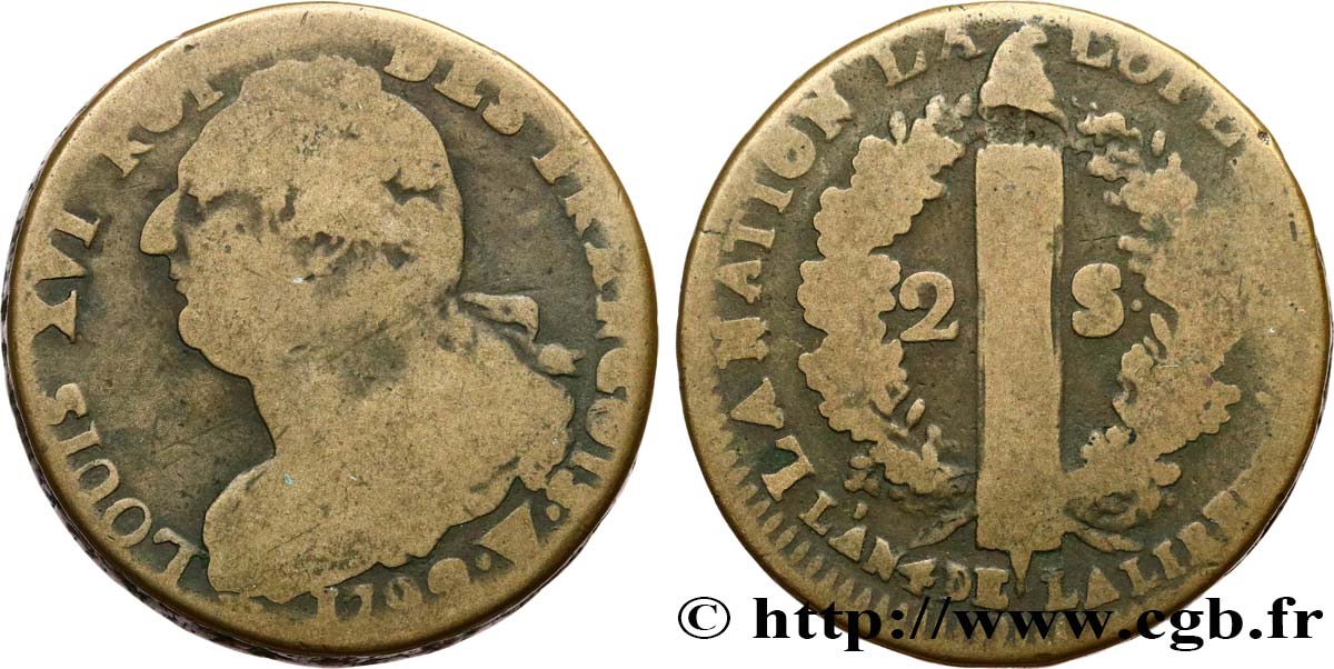 LOUIS XVI (MONARQUE CONSTITUTIONNEL)  2 sols dit  au faisceau , type FRANÇOIS 1792 Lille TB