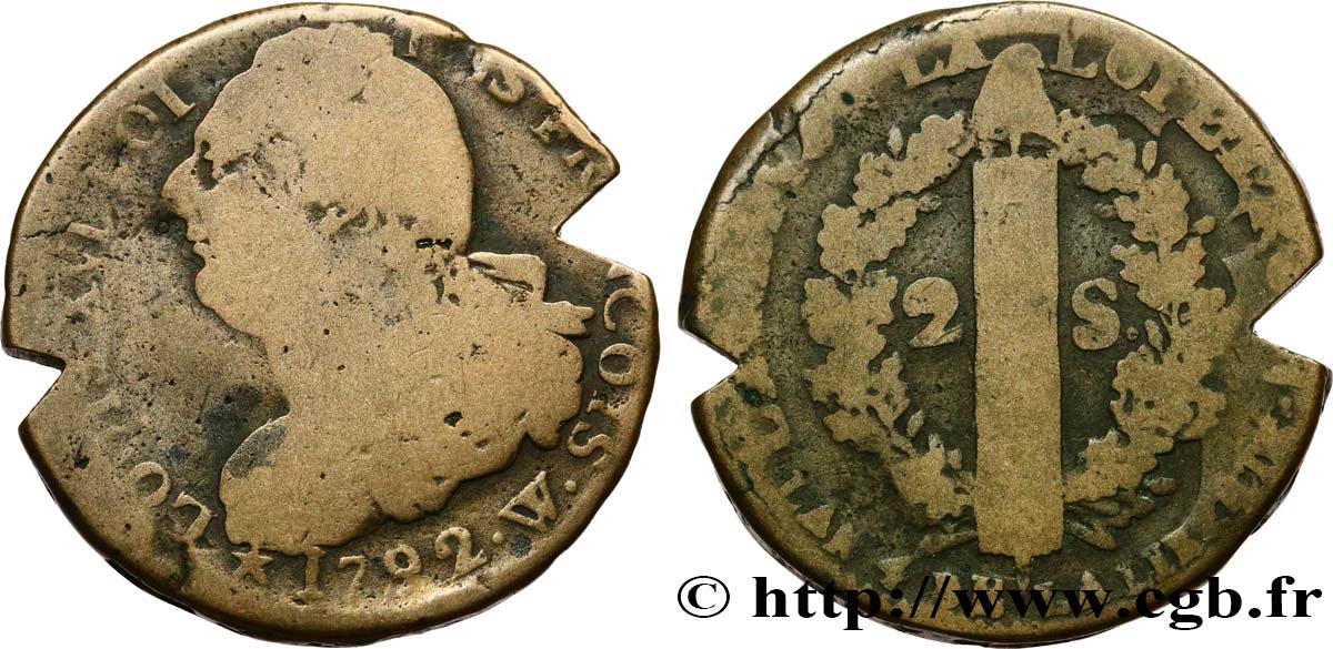 LOUIS XVI (MONARQUE CONSTITUTIONNEL)  2 sols dit  au faisceau , type FRANÇOIS 1792 Lille B+
