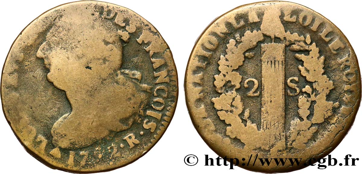 LA CONVENTION 2 sols dit  au faisceau , type FRANÇOIS 1792 Orléans B+