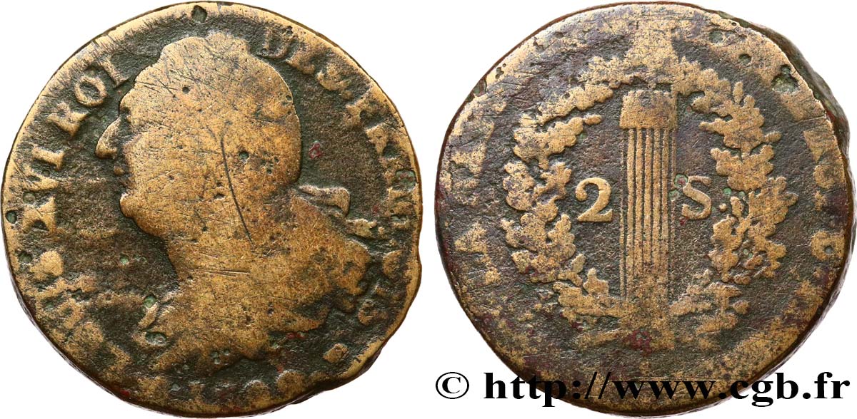 LOUIS XVI (MONARQUE CONSTITUTIONNEL)  2 sols dit  au faisceau , type FRANÇOIS 1792 Rouen B+