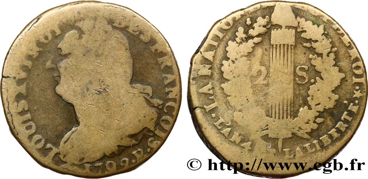 LOUIS XVI (MONARQUE CONSTITUTIONNEL)  2 sols dit &nbsp;au faisceau&nbsp;, type FRANÇOIS 1792 Orléans B+