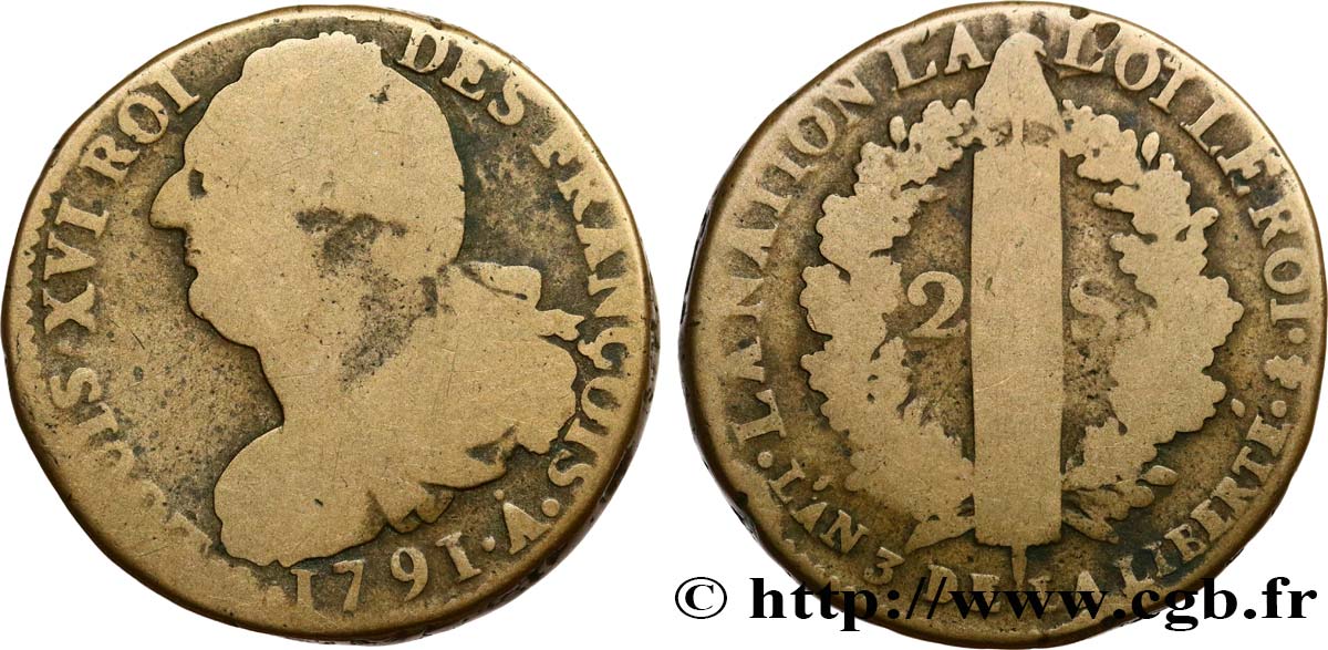 LOUIS XVI (MONARQUE CONSTITUTIONNEL)  2 sols dit &nbsp;au faisceau&nbsp;, type FRANÇOIS 1791 Paris TB