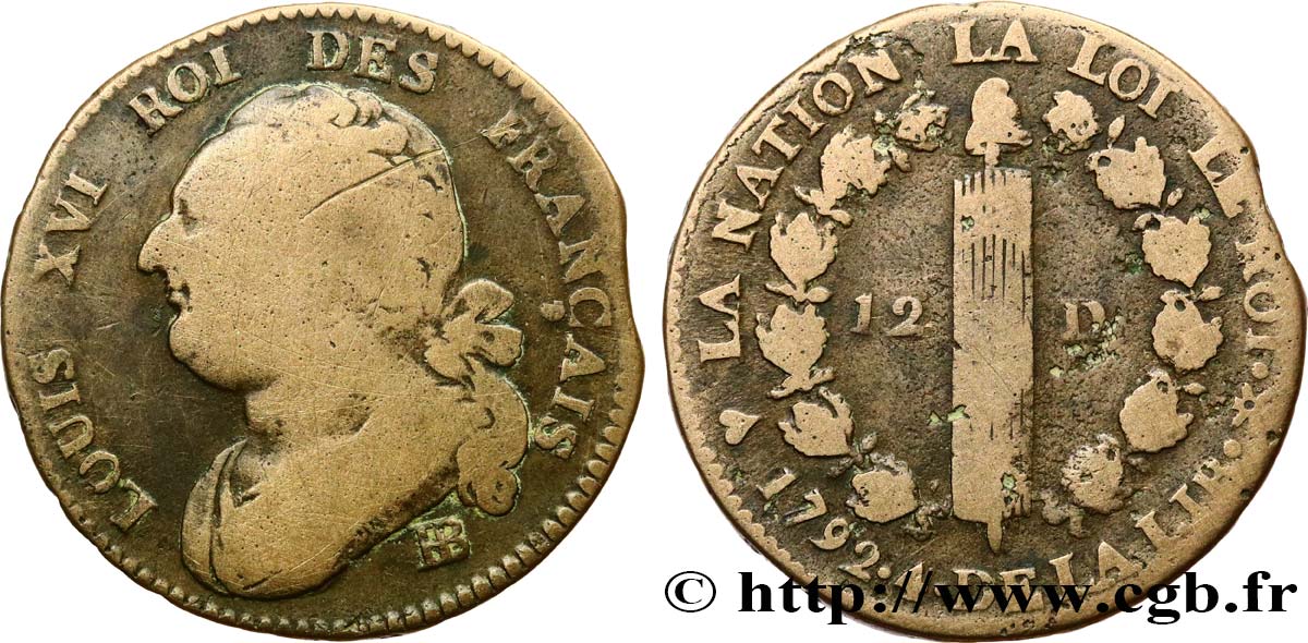 LOUIS XVI (MONARQUE CONSTITUTIONNEL)  12 deniers dit &nbsp;au faisceau&nbsp;, type FRANÇAIS 1792 Strasbourg TB+
