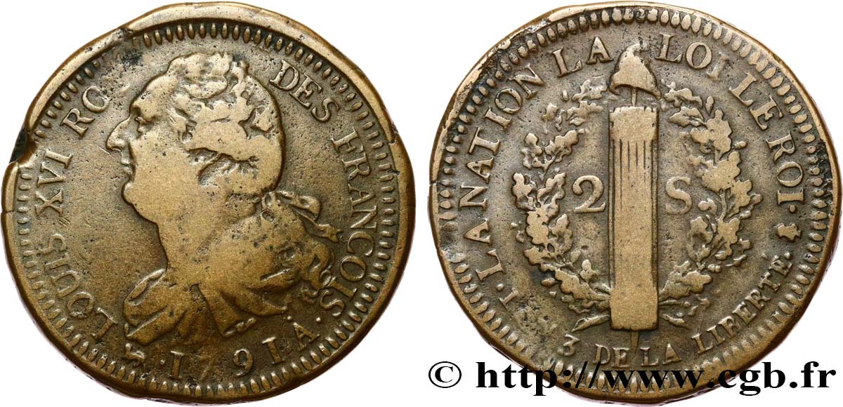 LOUIS XVI 2 sols dit  au faisceau , type FRANÇOIS 1791 Paris MBC