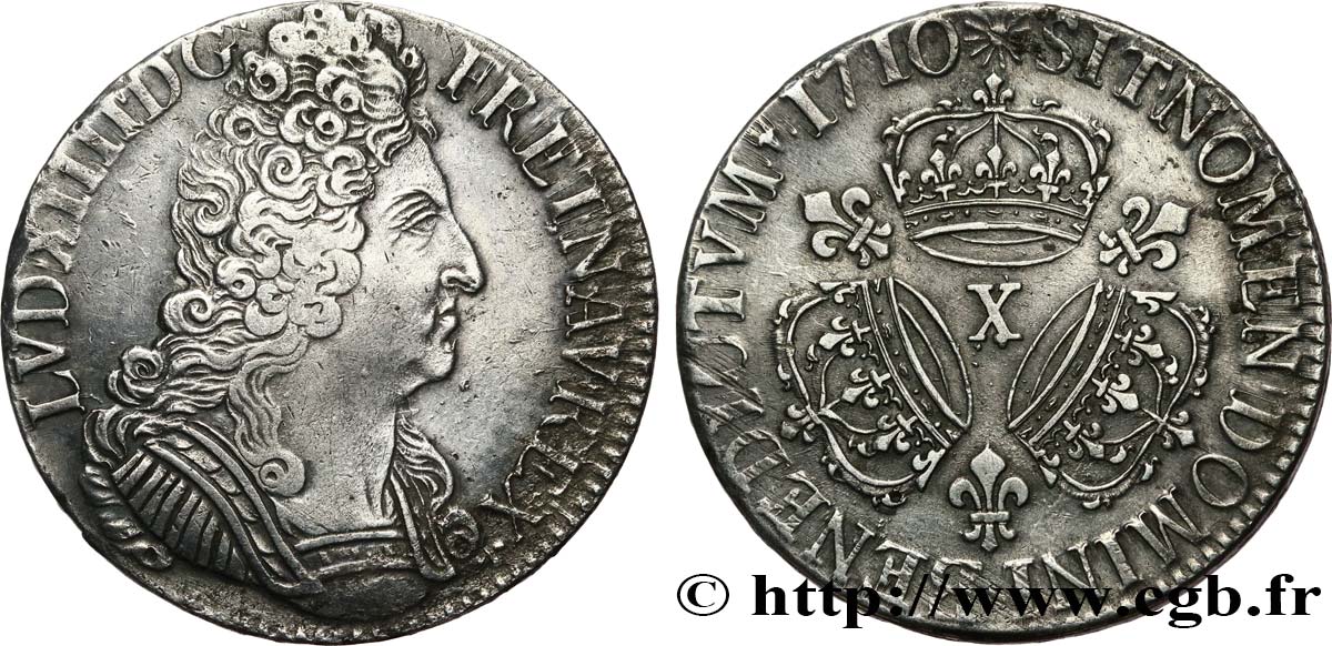 LOUIS XIV  THE SUN KING  Écu aux trois couronnes 1710 Amiens q.SPL
