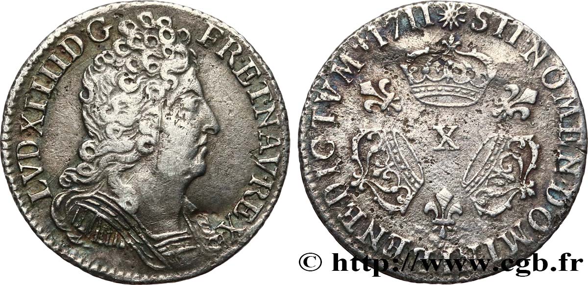 LOUIS XIV LE GRAND OU LE ROI SOLEIL Dixième d écu aux trois couronnes 1711 Amiens TTB