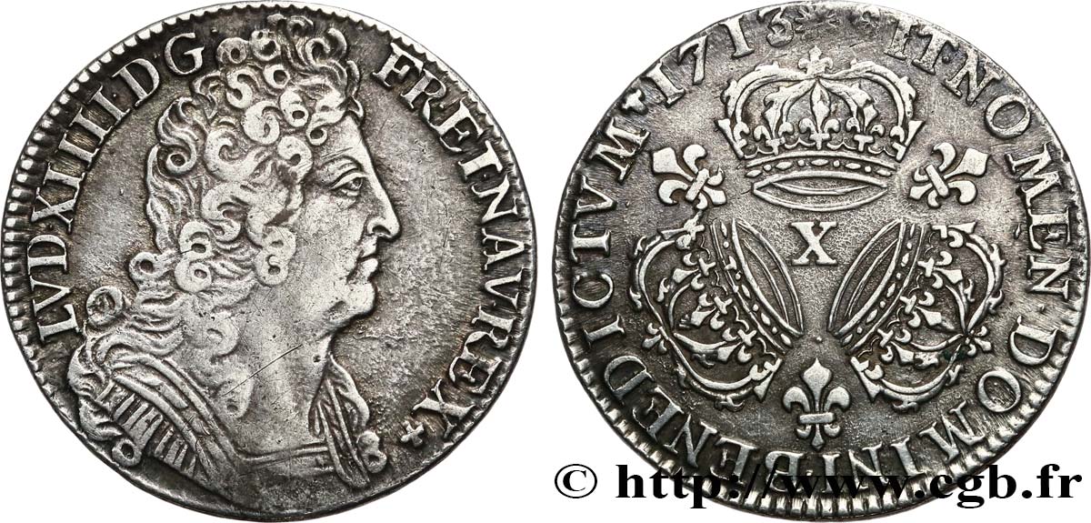 LOUIS XIV  THE SUN KING  Quart d écu aux trois couronnes 1713 Amiens MBC